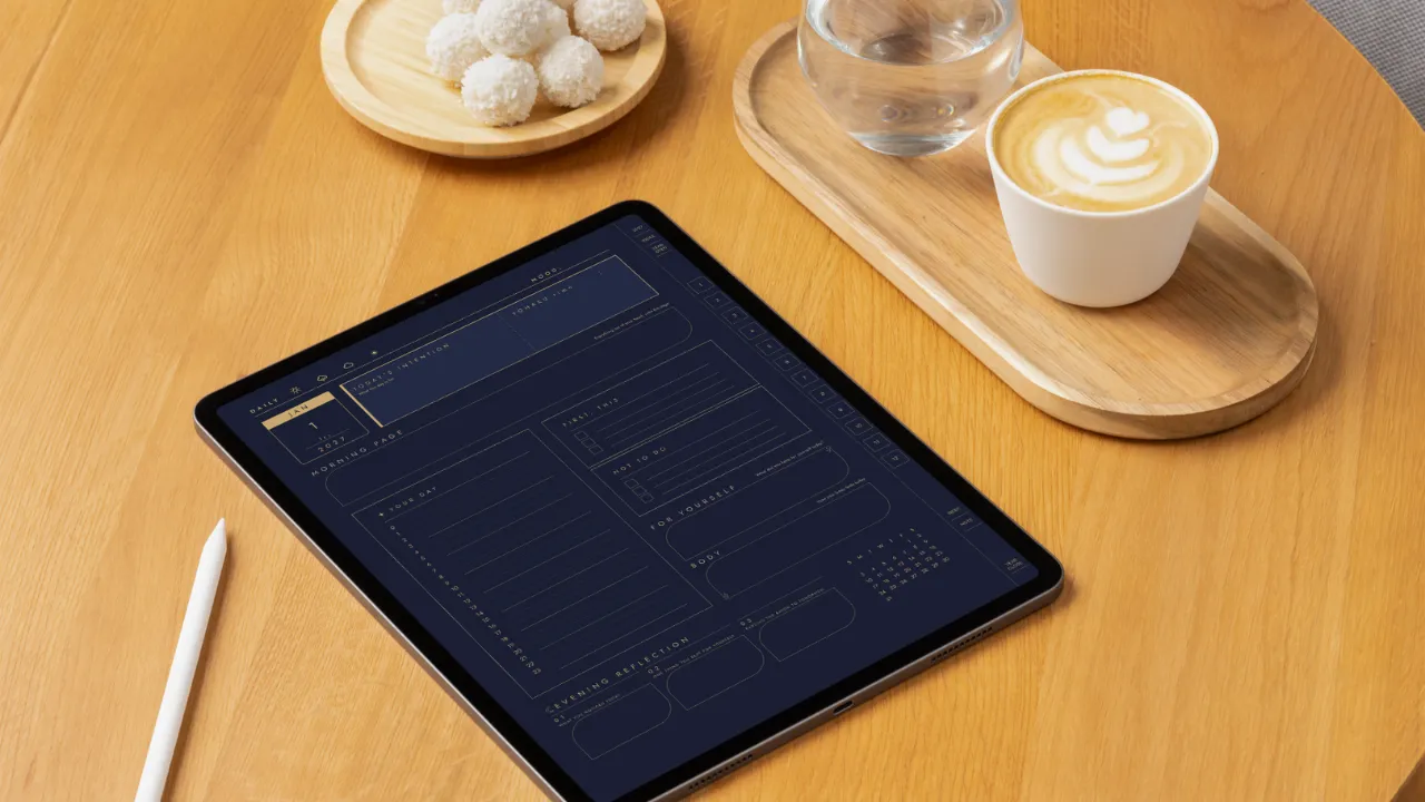 YOHAKU edit Dated Daily Planner on iPad, on a warm wooden table beside a quiet coffee